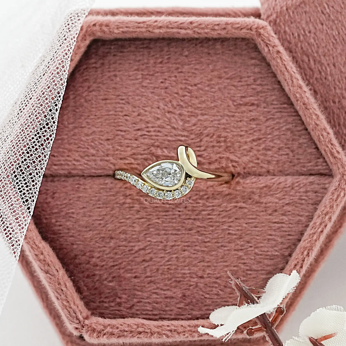 Bezel Old Mine Pear Diamond Wave Accent Ring Ring