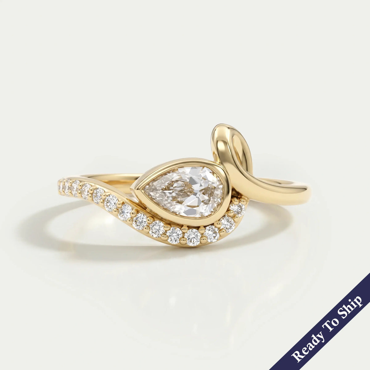 Bezel Old Mine Pear Diamond Wave Accent Ring Ring