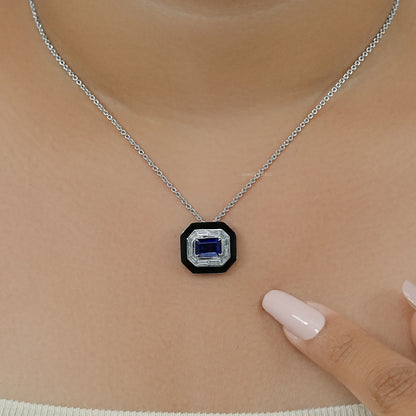 Enamel And Sapphire Gemstone Halo Pendant Necklaces