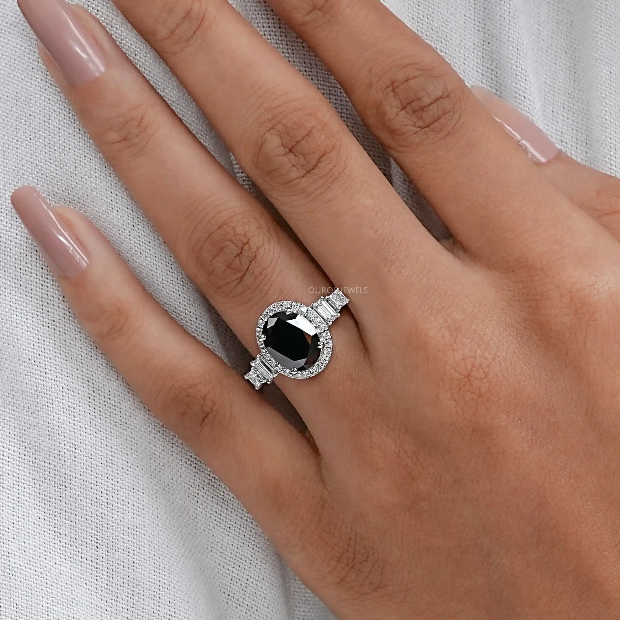 Black Oval Cut Halo With Accent Diamond Ring Rings