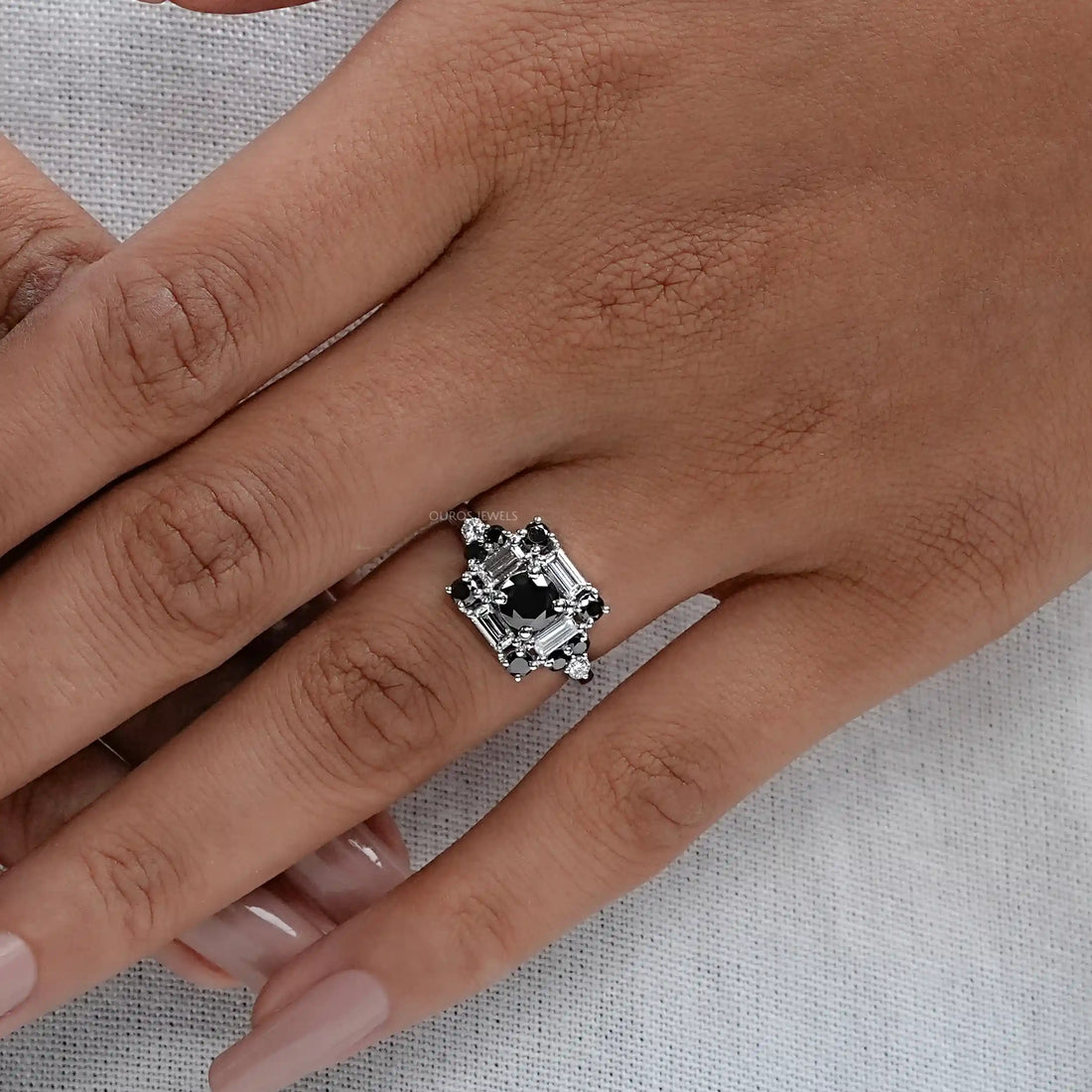 Black Round Cut Halo Baguette Diamond Ring Rings