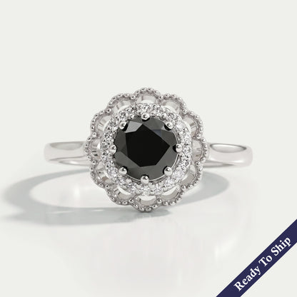Black Round Diamond Double Halo Engagement Ring Rings