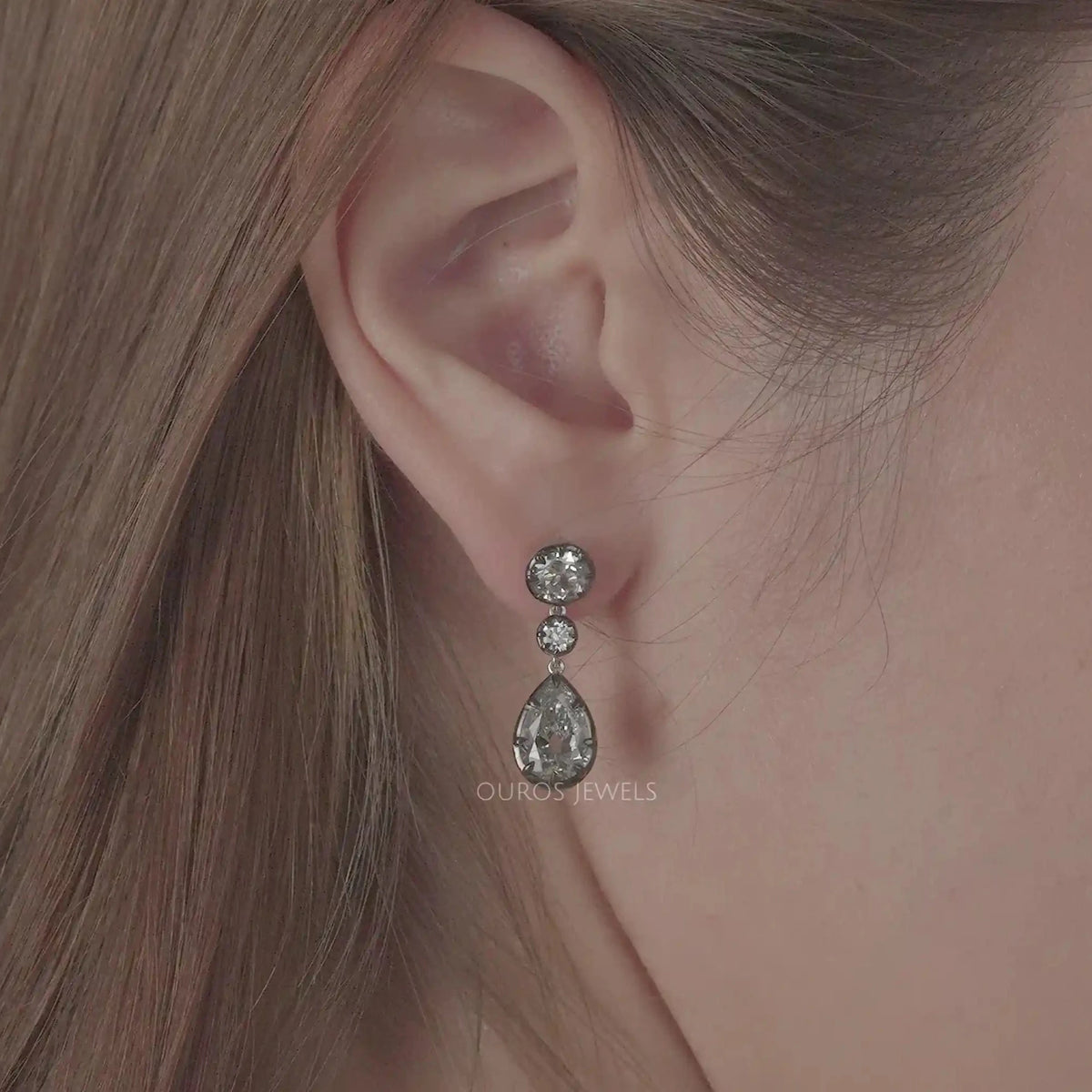 Old Mine Pear And OEC Round Cut Lab Diamond Dangle Earrings Earrings