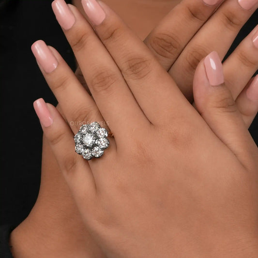 Old European Round Cut Black Coating Flower Engagement Ring Ring