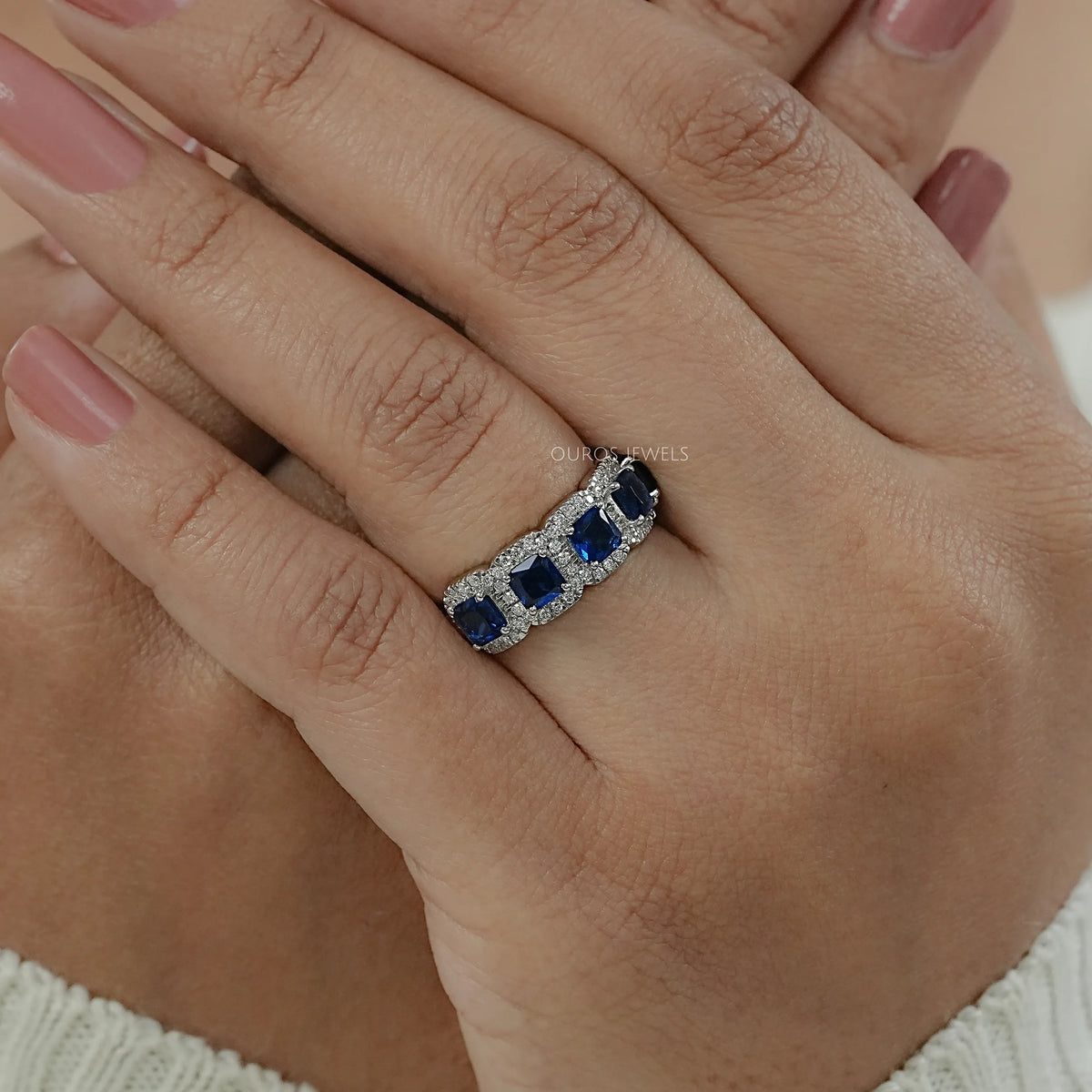 Five Stone Blue Asscher Cut Gemstone Halo Diamond Ring Rings