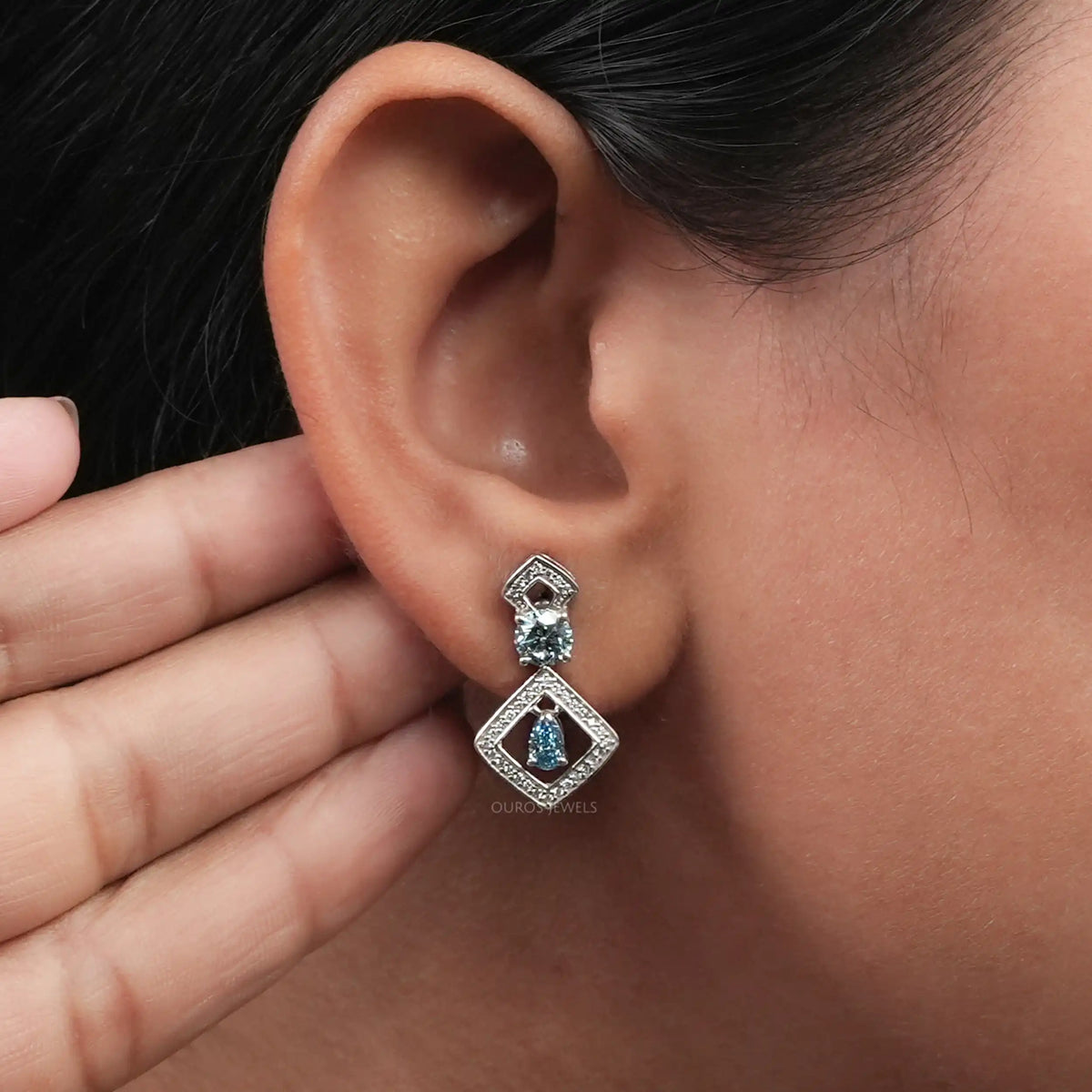 Blue Round With Pear Diamond Drop Earrings Earrings