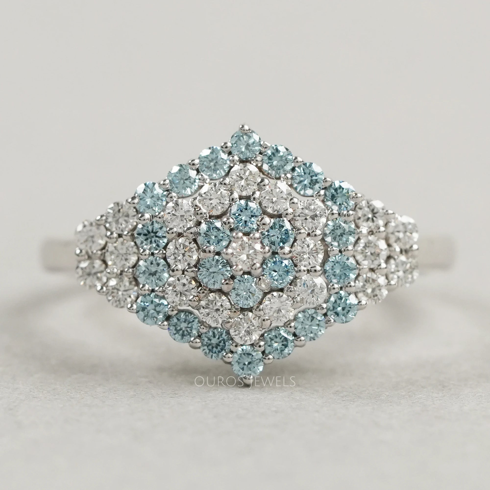 Fancy Blue Round Cut Cluster Lab Diamond Engagement Ring Rings