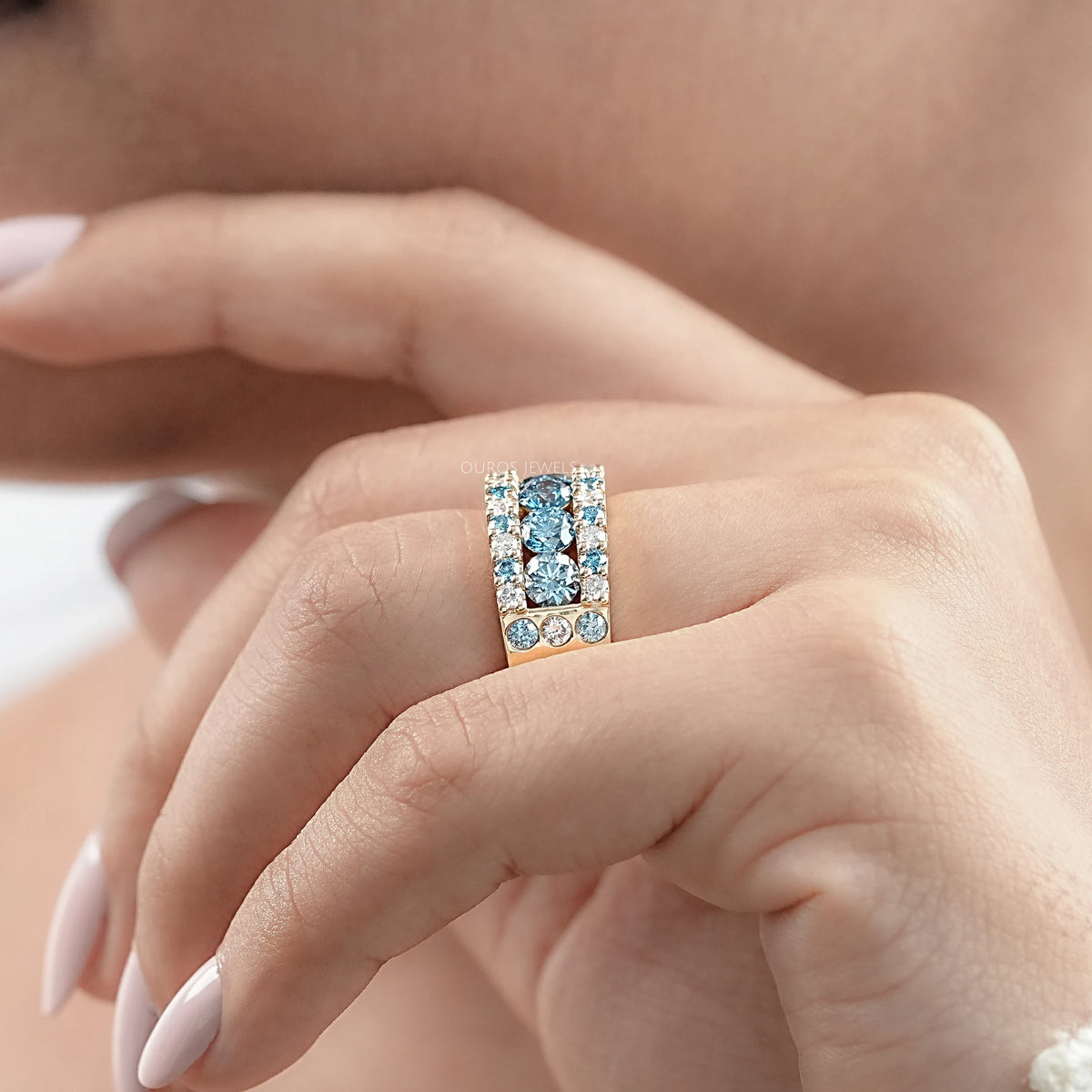 Blue And White Round Cut Lab Diamond Wide Band Rings