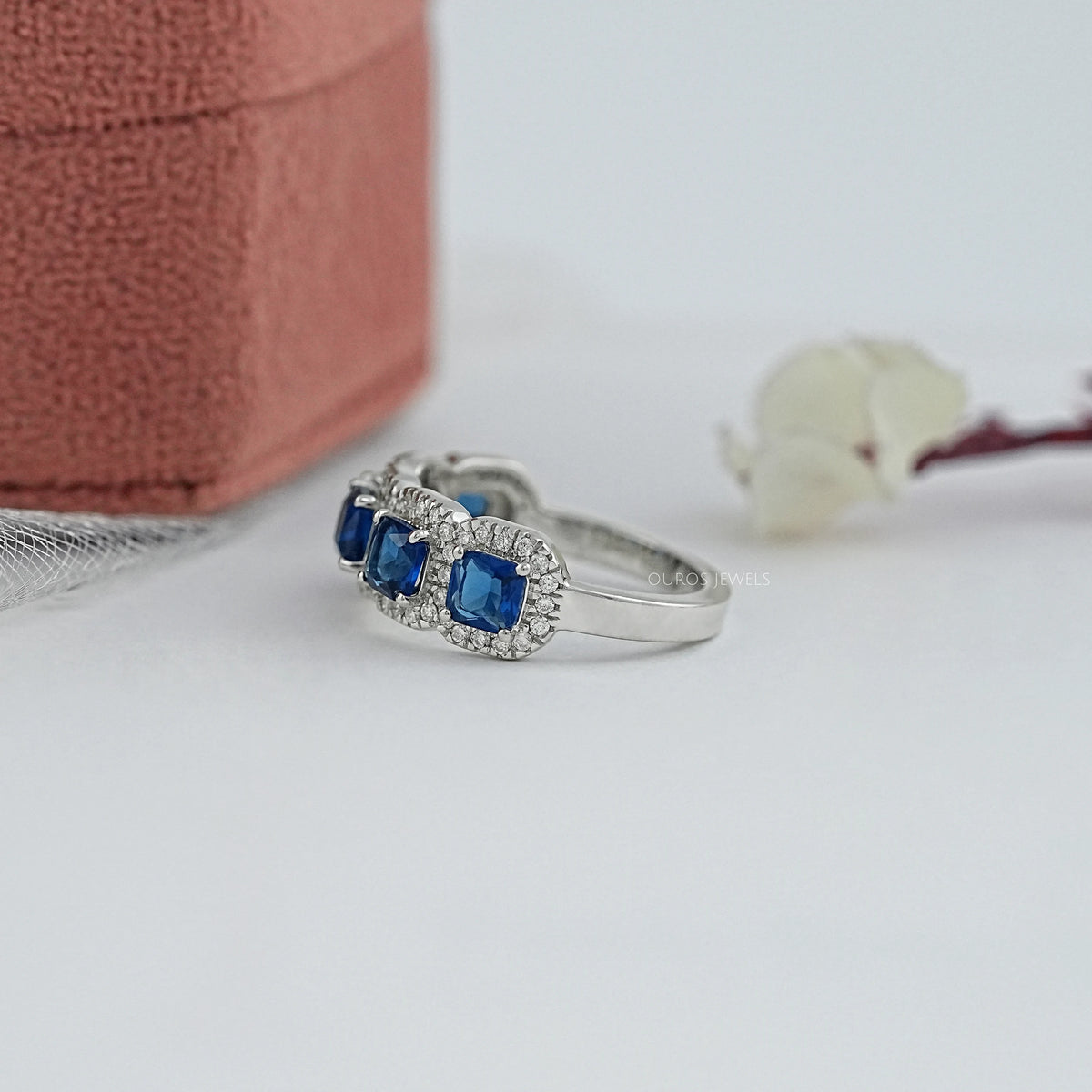 Five Stone Blue Asscher Cut Gemstone Halo Diamond Ring Rings