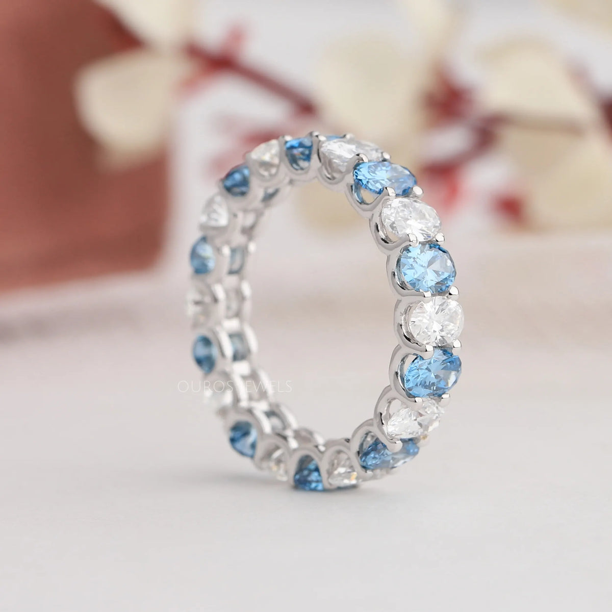 Blue Oval Cut Lab Diamond Eternity Wedding Band Ring
