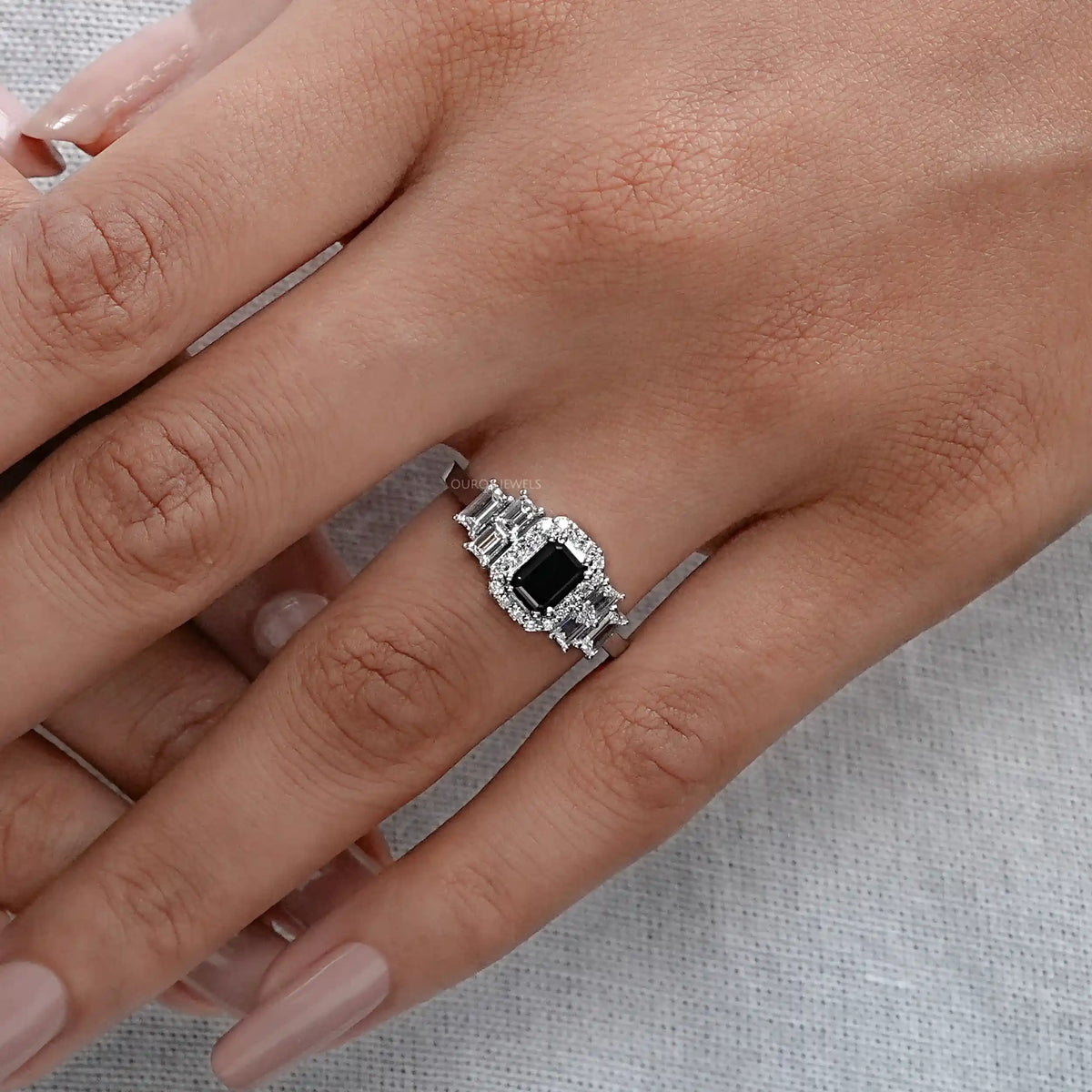 Black Emerald Cut Accent Diamond Engagement Ring Rings