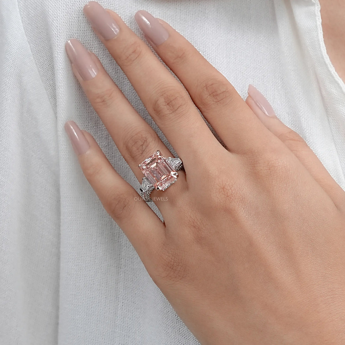 Pink Emerald Lab Diamond Three Stone Hidden Halo Ring Rings