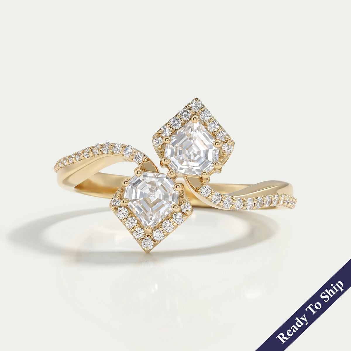 Two Stone Bullet Cut Halo Diamond Bypass Ring Ring