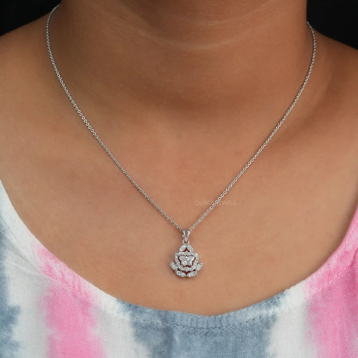 Butterfly Shape Halo Cluster Diamond Pendant