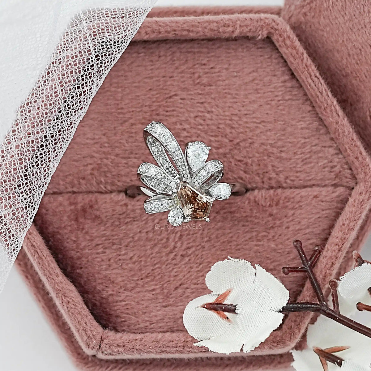 Champagne Step Cut Shield Diamond Floral Cocktail Ring Ring