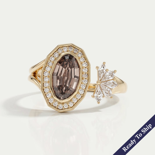 Champagne Step Cut Oval Diamond Halo Open Ring Ring