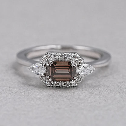 Champagne Emerald Shape Three Stone Engagement Ring Rings