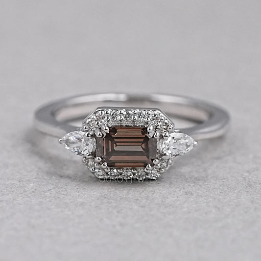 Champagne Emerald Shape Three Stone Engagement Ring Rings