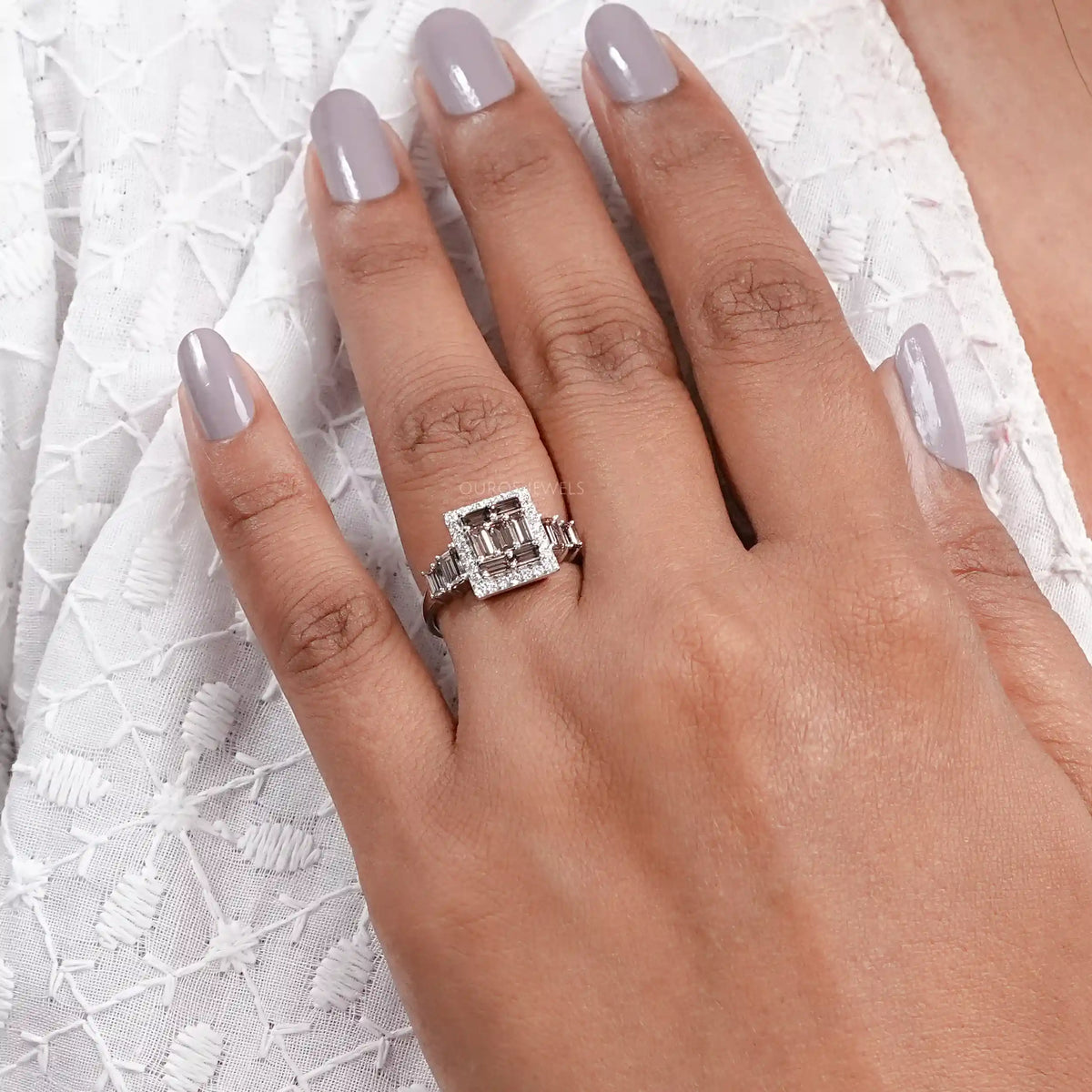 Baguette Cluster Halo Diamond Ring Rings