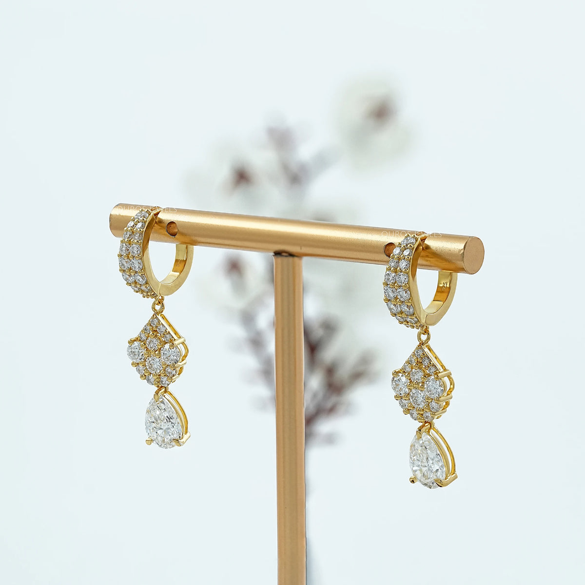 Pear And Round Diamond Pave Dangle Hoop Earrings