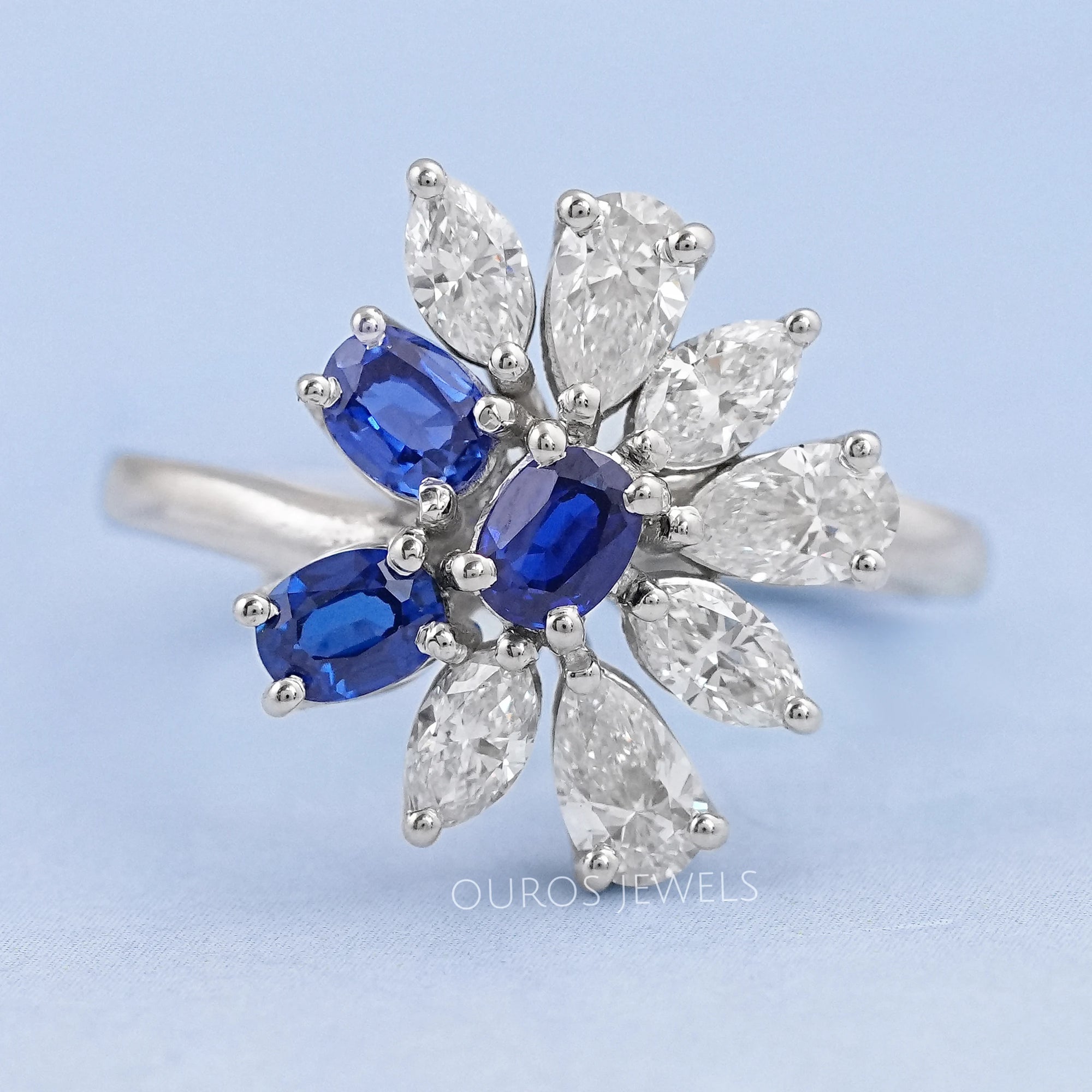 Blue Sapphire Oval Cut Gemstone Cluster Ring Ring