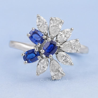 Blue Sapphire Oval Cut Gemstone Cluster Ring Ring