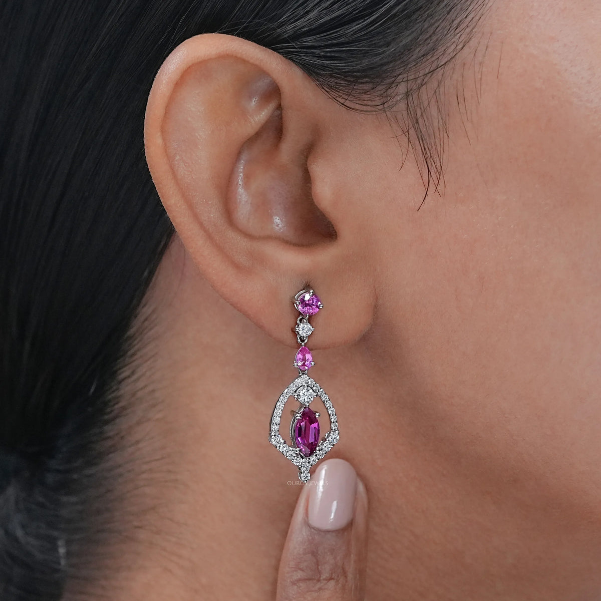 Pink Sapphire Marquise Cut Cluster Diamond Dangle Earrings Earrings