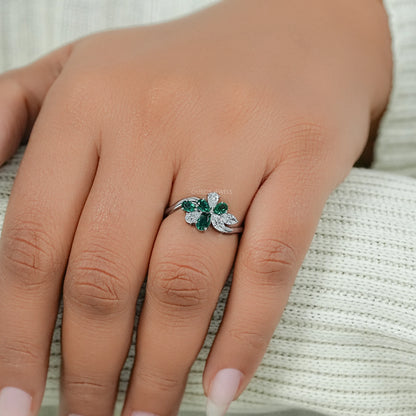 Green Pear Gemstone Cluster Wave Ring