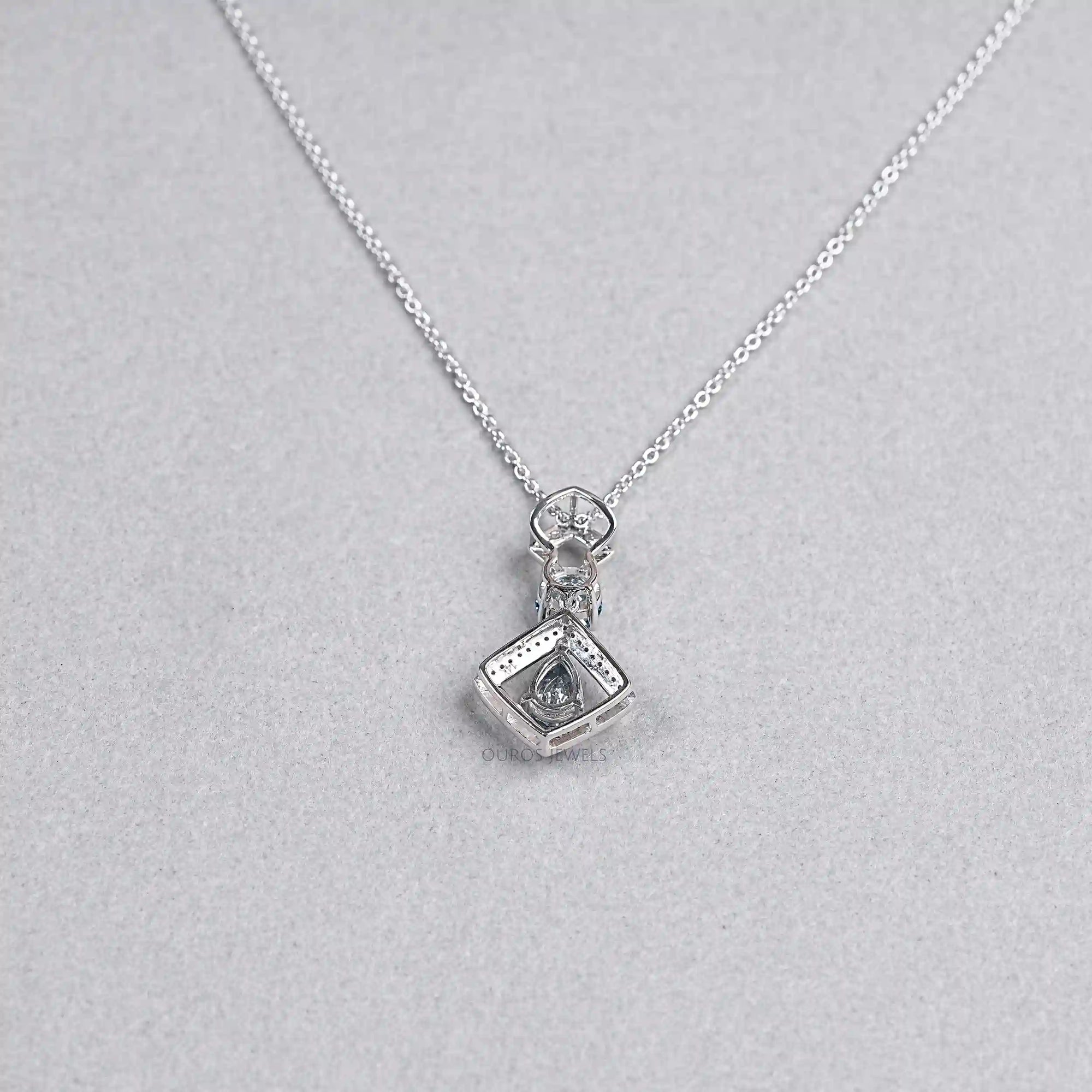 Blue Pear Diamond Halo Floating Pendant Necklaces