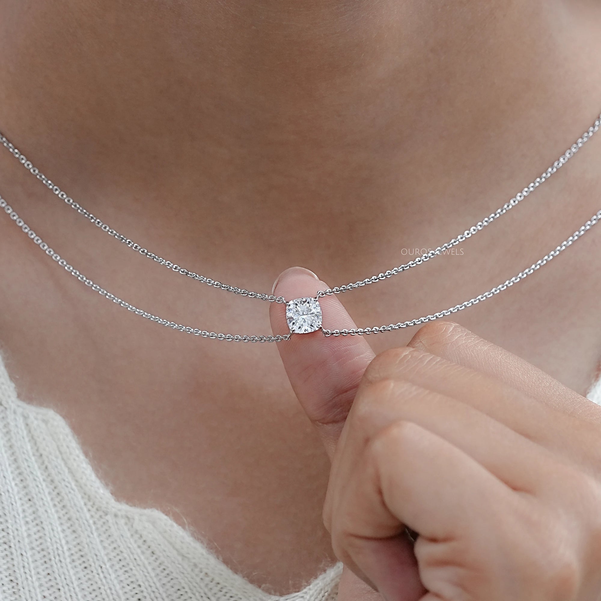 Cushion Cut Lab Diamond Dual Layer Chain Necklace for Women Necklaces