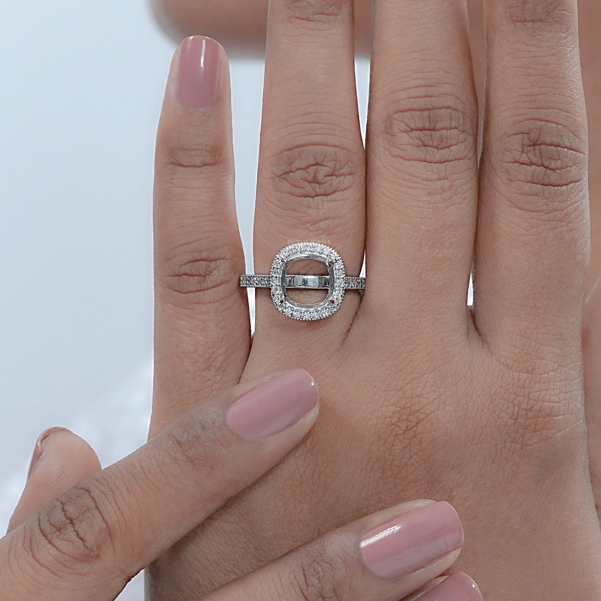 Cushion Shape Halo With Accent Semi mount Ring