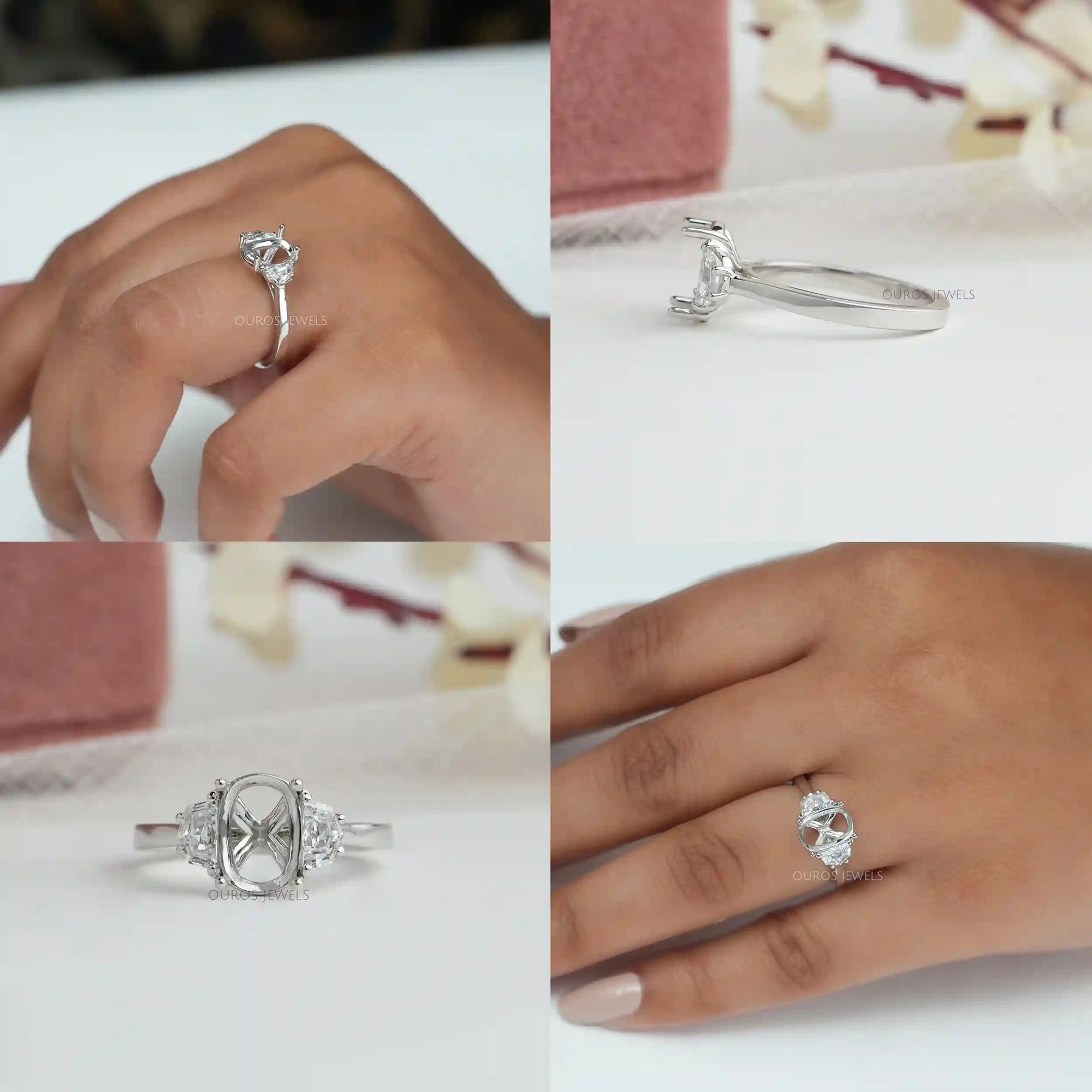 Oval Shape Pointed Half Moon Cut Lab Diamond Semi Mount Ring