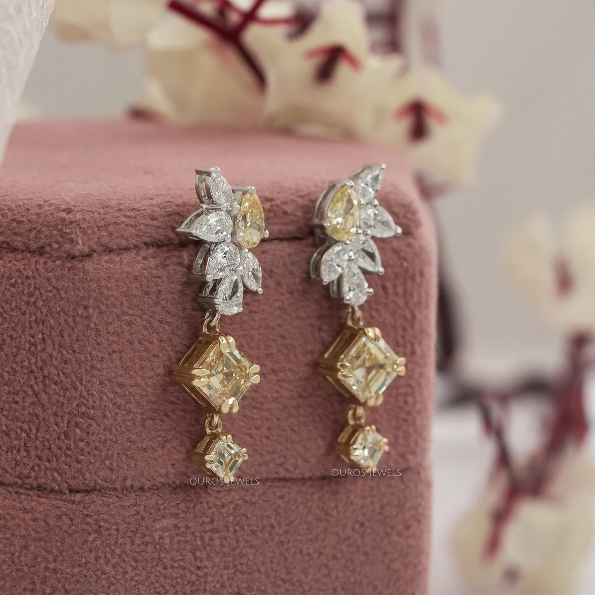 Yellow Asscher And Pear Lab Diamond Drop Earrings Earrings