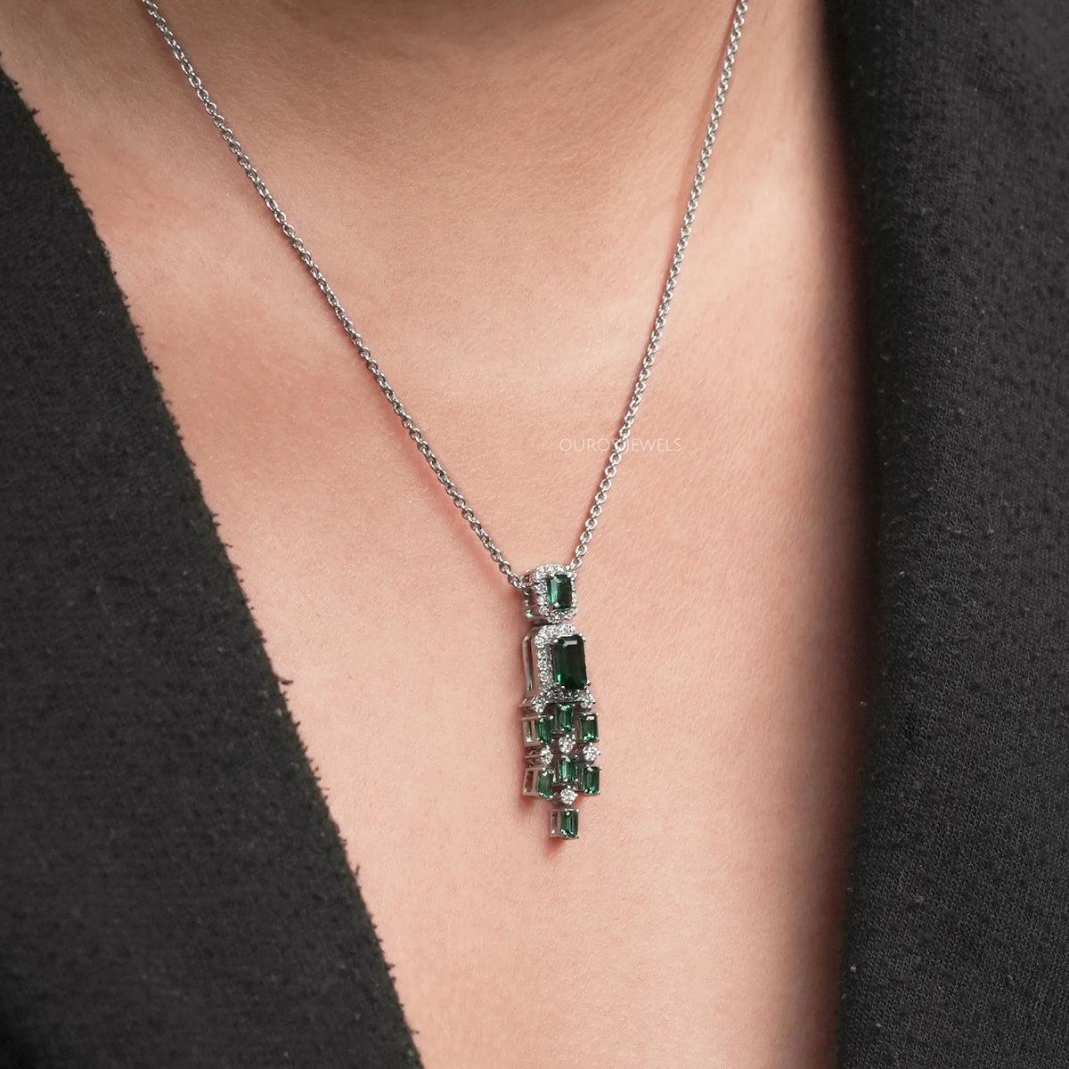Green Emerald Gemstone Halo Chandelier Pendant Necklaces