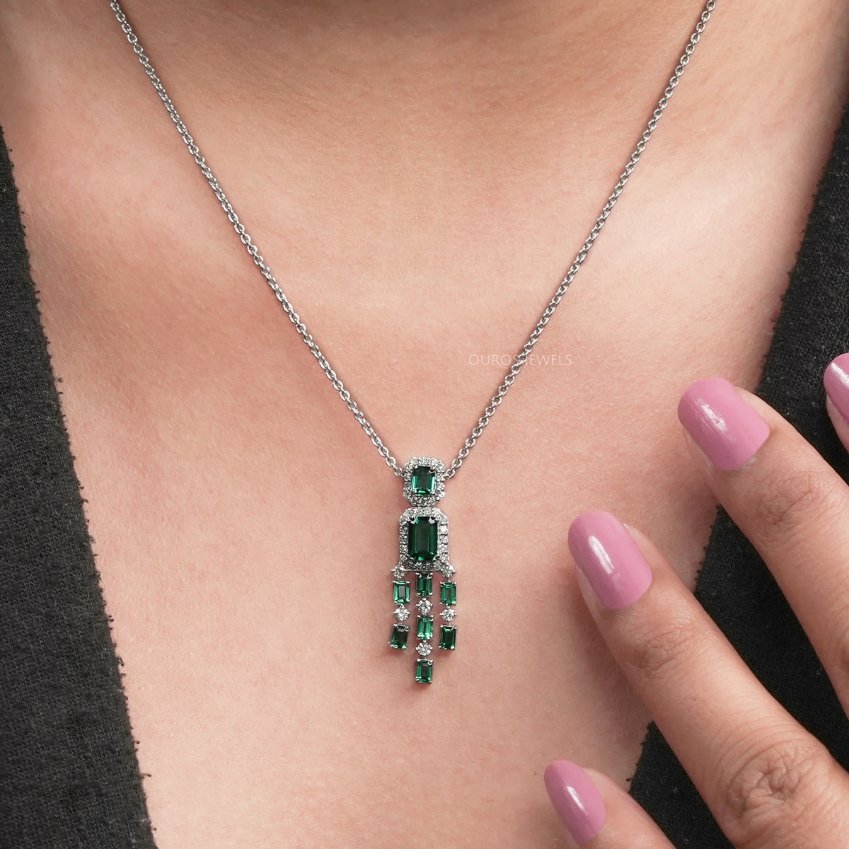 Green Emerald Gemstone Halo Chandelier Pendant Necklaces