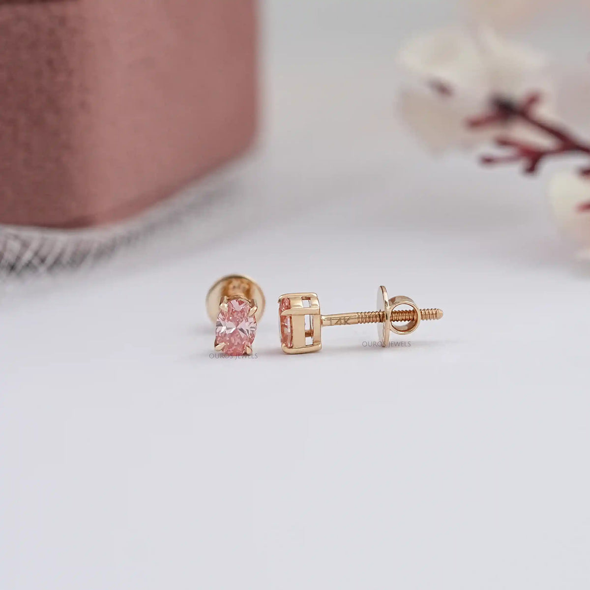 Fancy Pink Stud Earrings, 14K Yellow Gold Oval Stud Earrings