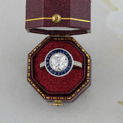 OEC Round Diamond Surround Sapphire Baguette Halo Ring Ring