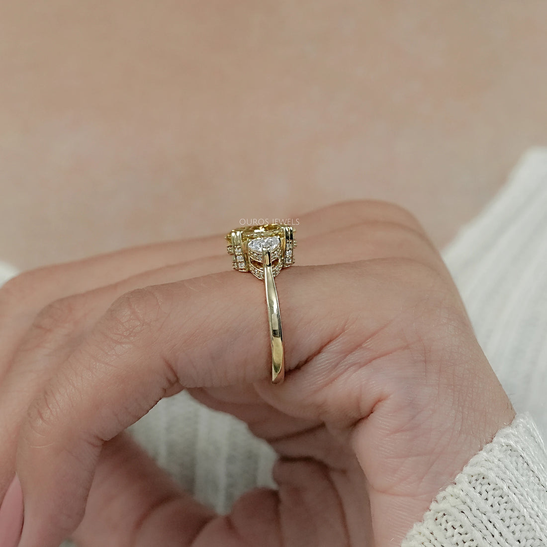 Fancy Vivid Yellow Oval Cut Hidden Halo Three Stone Ring Ring