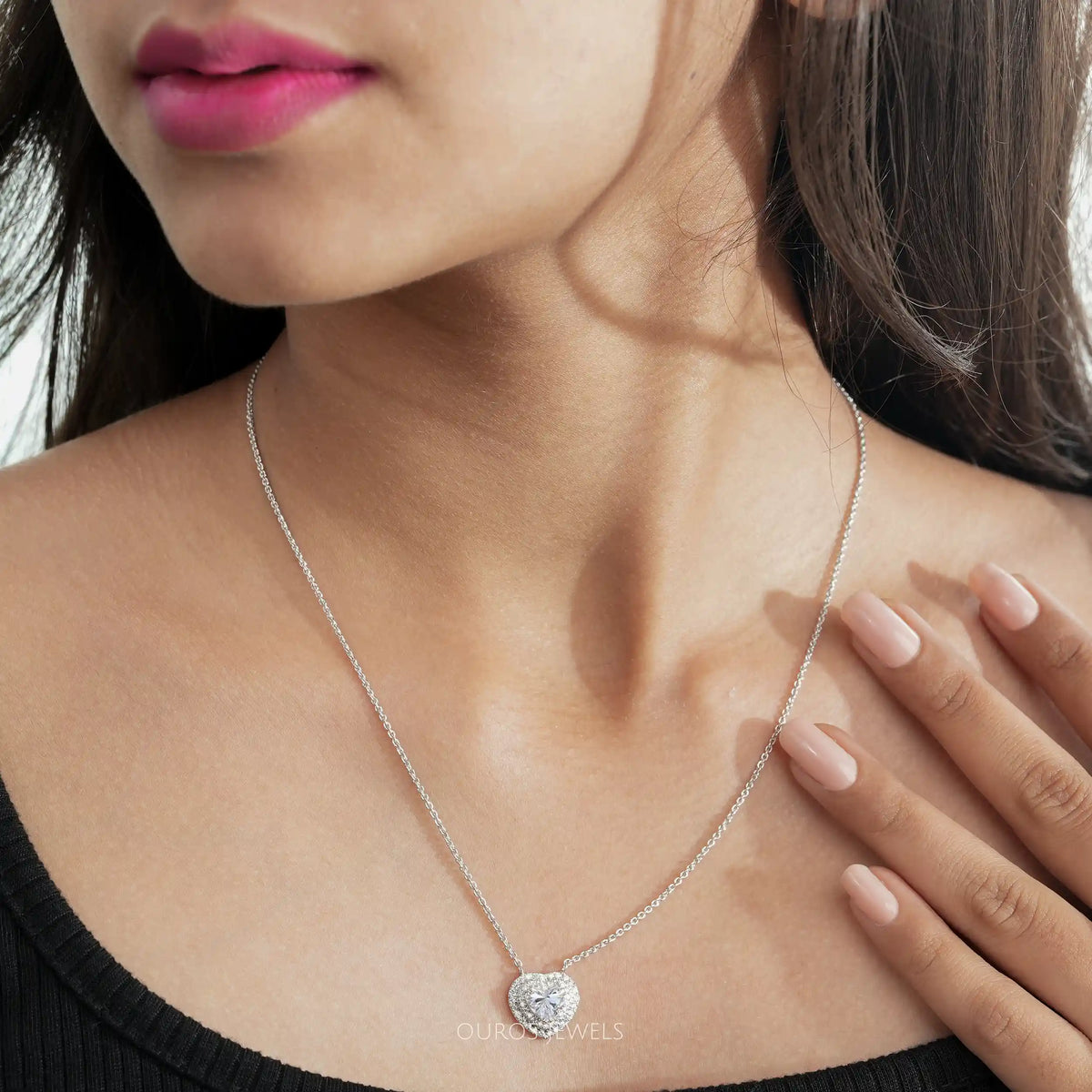 Heart Cut Lab Grown Diamond Double Halo Pendant Necklaces