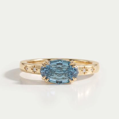 East-West Blue Step Cut Oval Accent Diamond Ring Rings