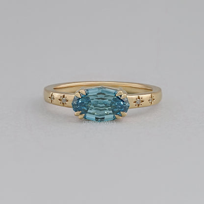 East-West Blue Step Cut Oval Accent Diamond Ring Rings