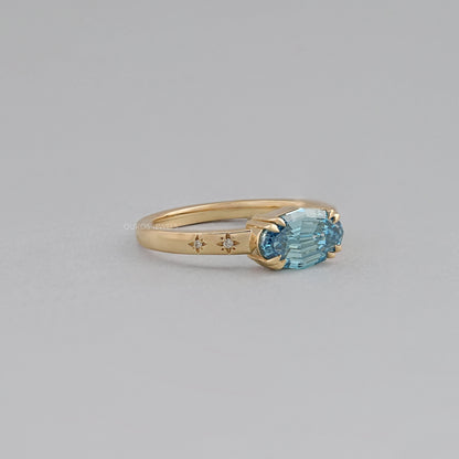 East-West Blue Step Cut Oval Accent Diamond Ring Rings