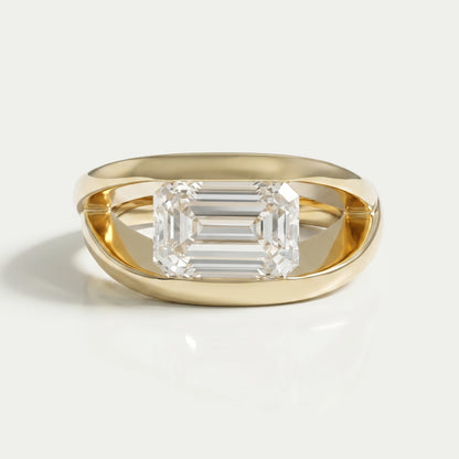 East West Emerald Diamond Cross Spilt Shank Ring