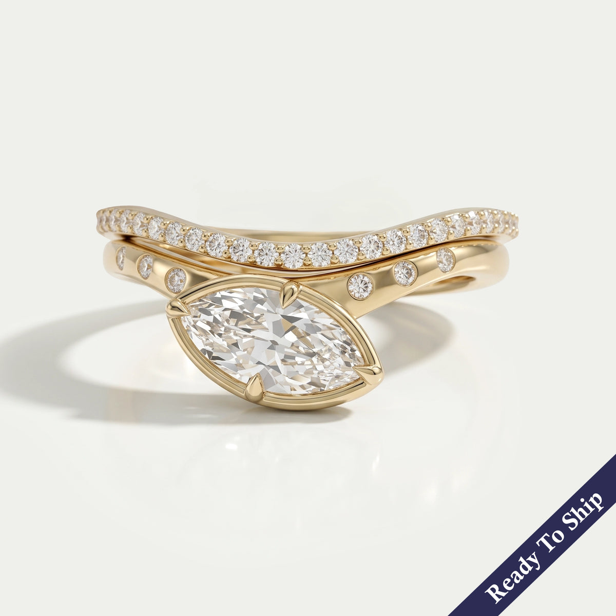 East West Old Mine Marquise Cut Curved Bridal Ring Set Ring
