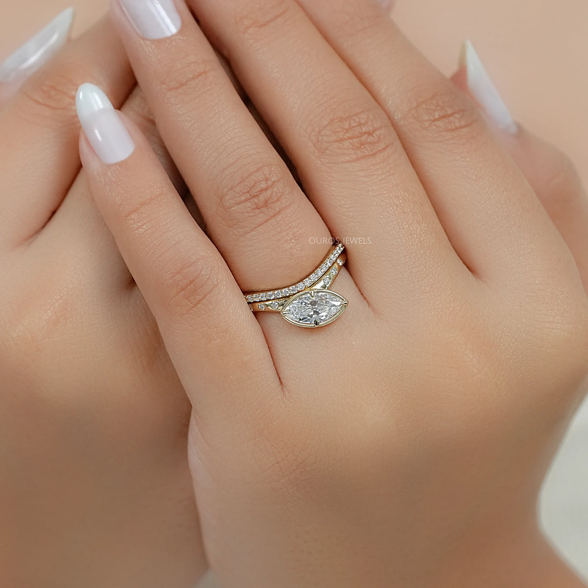 East West Old Mine Marquise Cut Curved Bridal Ring Set Ring