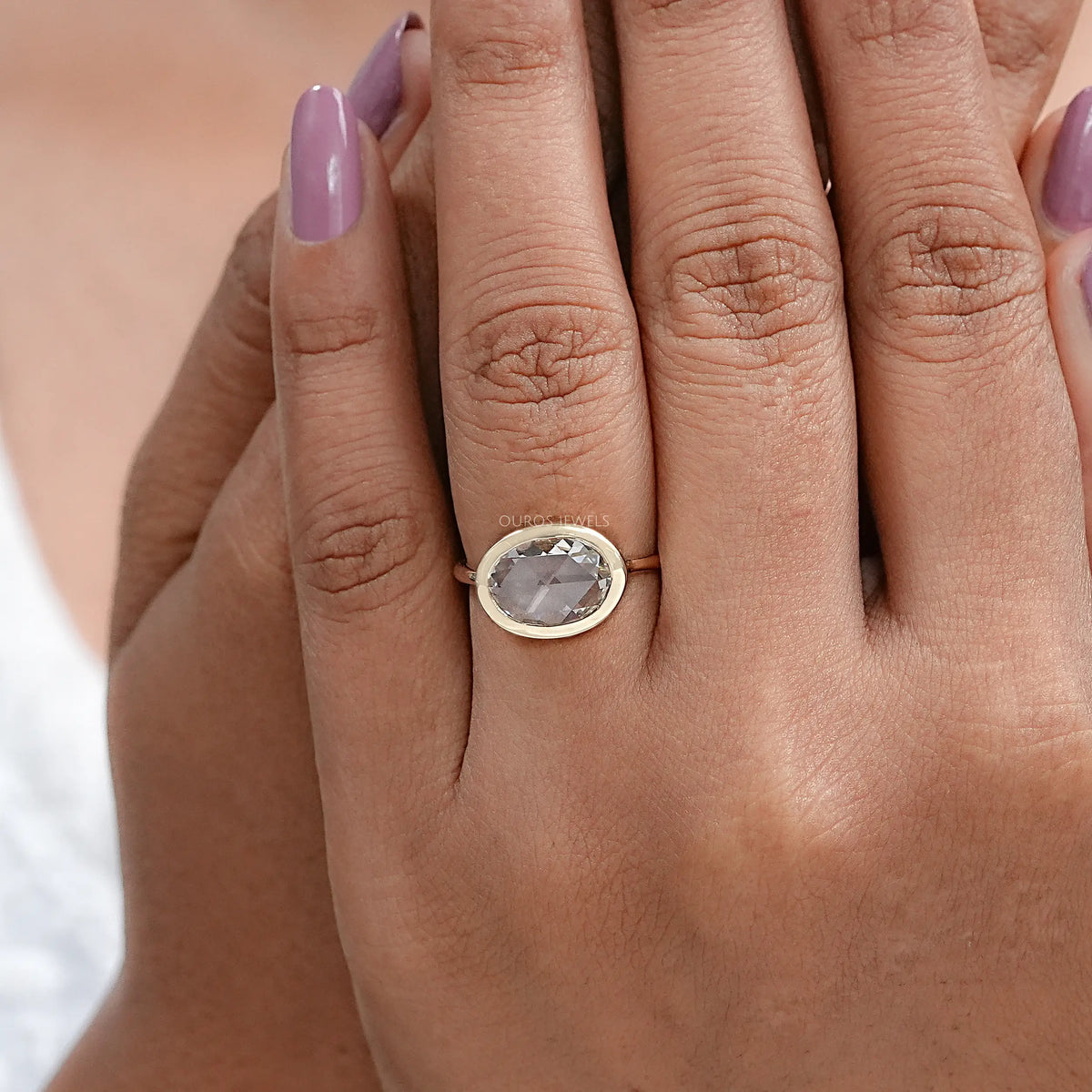East West Rose Cut Oval Lab Diamond Bezel Solitaire Ring Rings