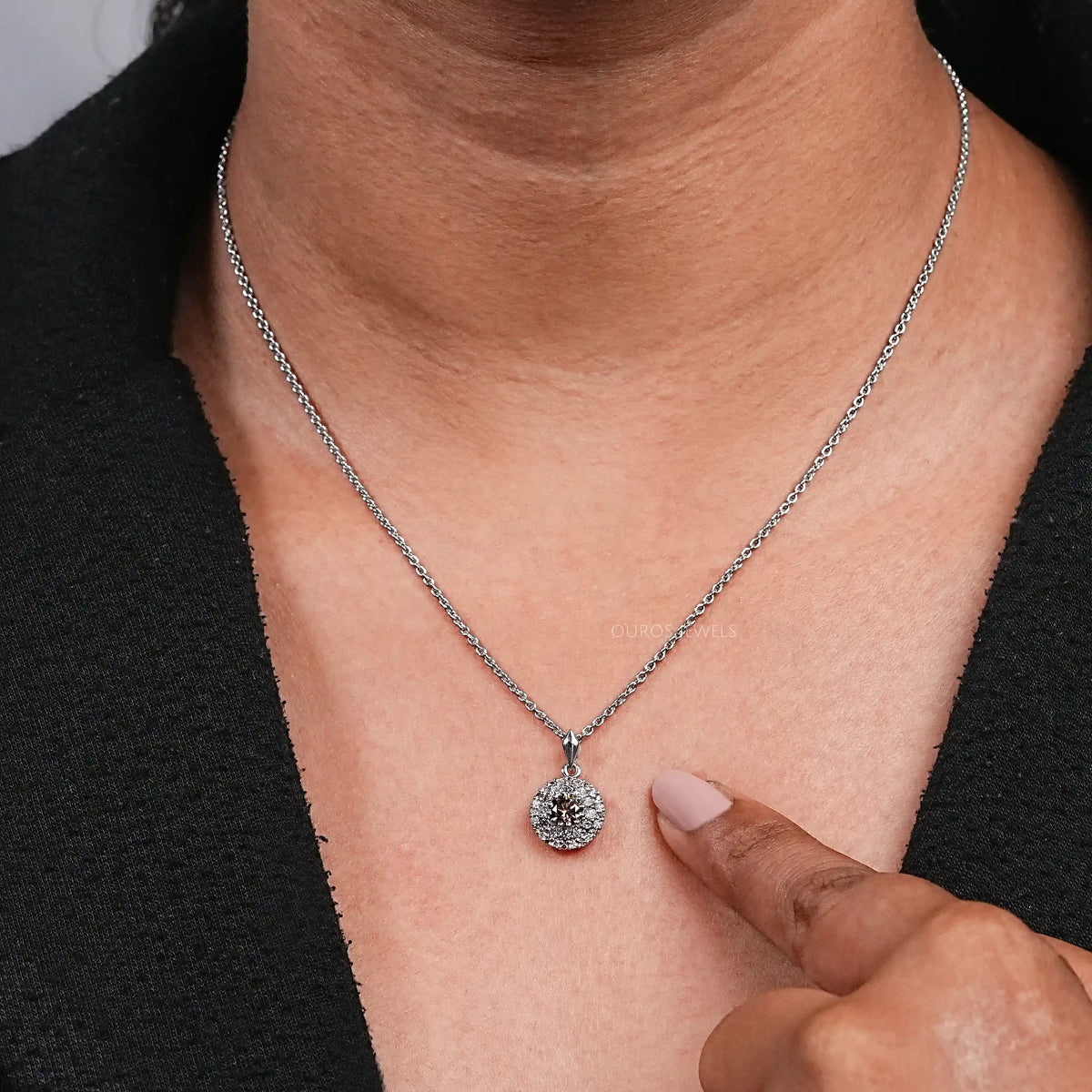 Double Halo Round Shape Champagne Diamond Pendant Necklaces