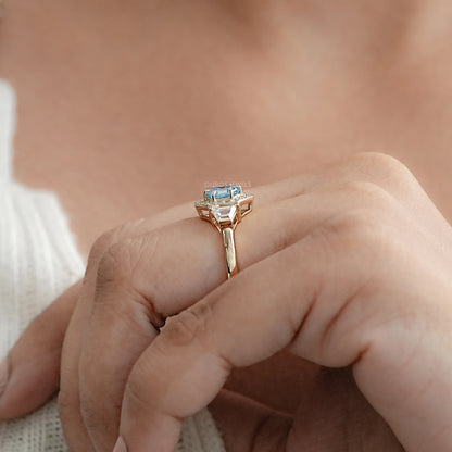 3 Stone Blue Hexagon Cut Halo Diamond Engagement Ring Ring