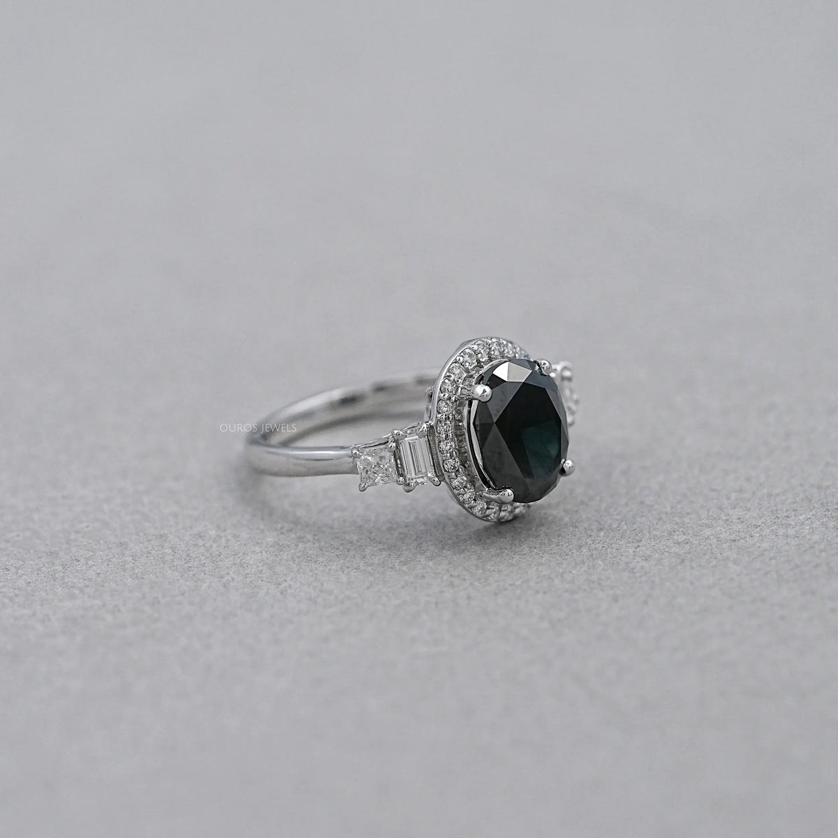 Black Oval Cut Halo With Accent Diamond Ring Rings