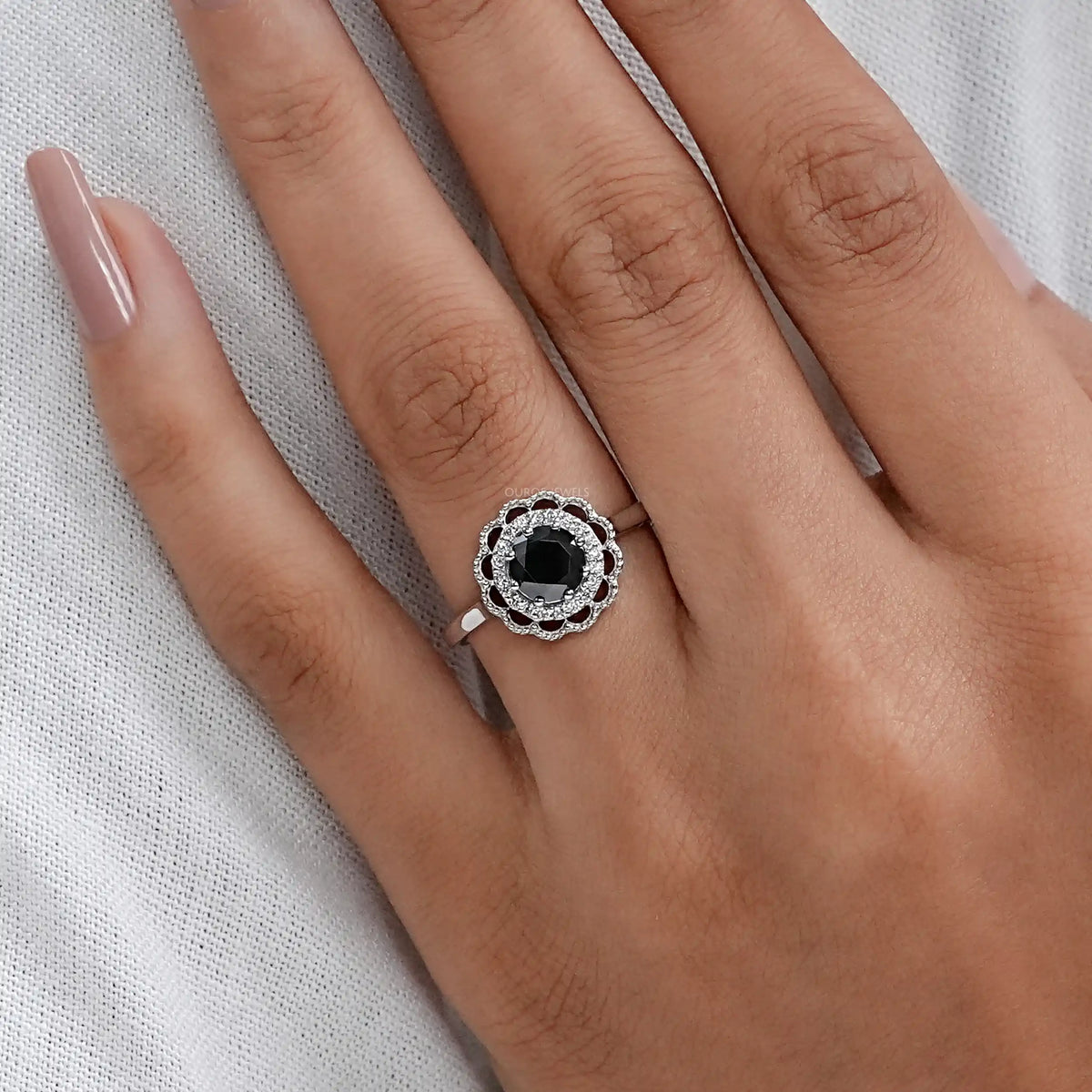 Double Halo Round Shape Black Diamond Engagement Ring Rings